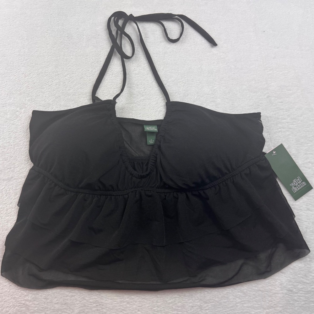 Wild Fable Black Mesh Tiered Ruffle Halter Top Padded Babydoll Tank Large NWT